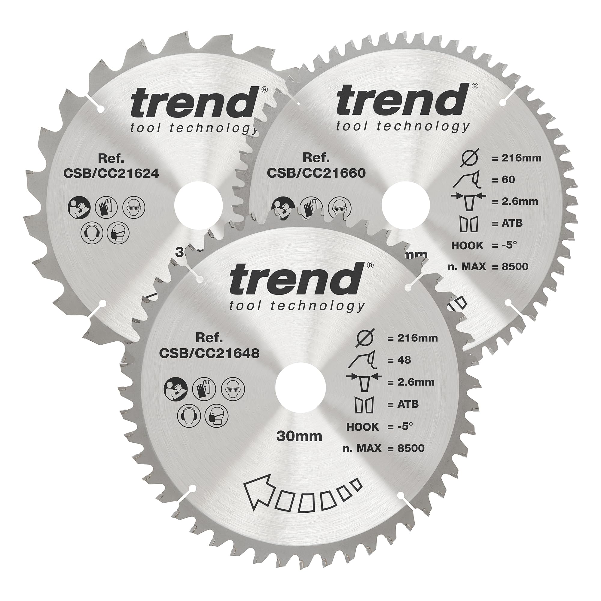 Trend Wood Mitre Saw Blades, 216mm Diameter, 30mm Bore, 24/48/60 Teeth, 2.6mm Kerf, -5° Hook, TCT, Coarse/Fine/Extra-Fine Finish, 3 Pack, CSB/CC216/3PK