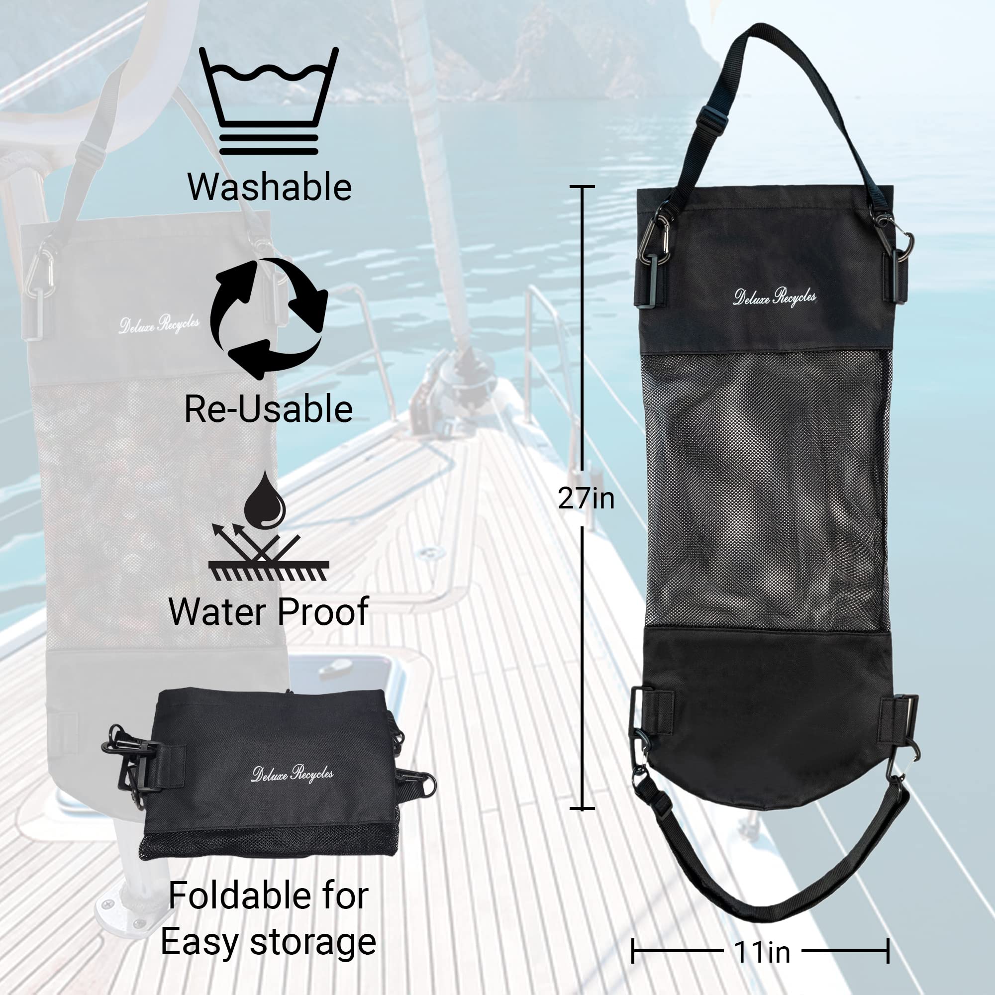 Deluxe Recycles Portable Mesh Trash Bag for Boat - Washable Leakproof Outdoor Garbage Bags for Boat, Kayak or Camper – Lightweight & Large Capacity Bin Bag (Black) - view 3