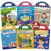 6 Sets Reusable Sticker Books for Toddlers 2-4 Years, Jelly Sticker Activity Books for Kids, Travel Toys for Toddlers Ages 2+ Girls & Boys