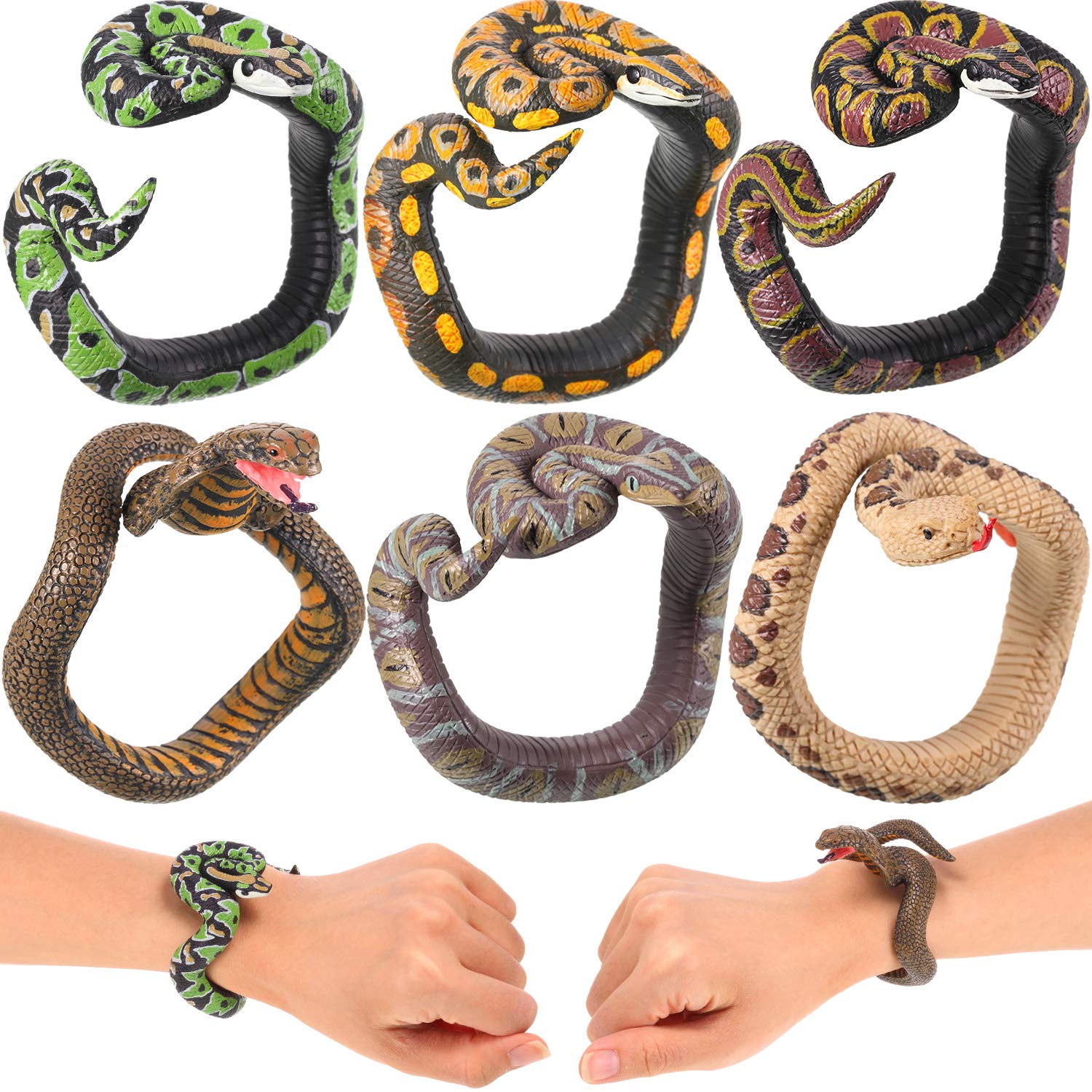Photo 1 of Sumind 6 Pieces Toy Snake Bracelet for Kids PVC Halloween Prank Fake Reptile Wristband Scary Mischievous Toys Party Supplies Realistic Animal Bracelet for Adults Teens