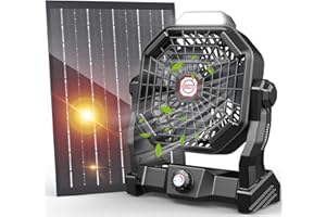 DRCHOP 10400mAh Solar Fan, Battery Operated Fan with Solar Panel, 7W Rechargeable Camping Fan for Outside, LED Lantern, Stepless Speed and Quiet Battery Powered Solar Powered Fan for Picnic, Barbecue, Office