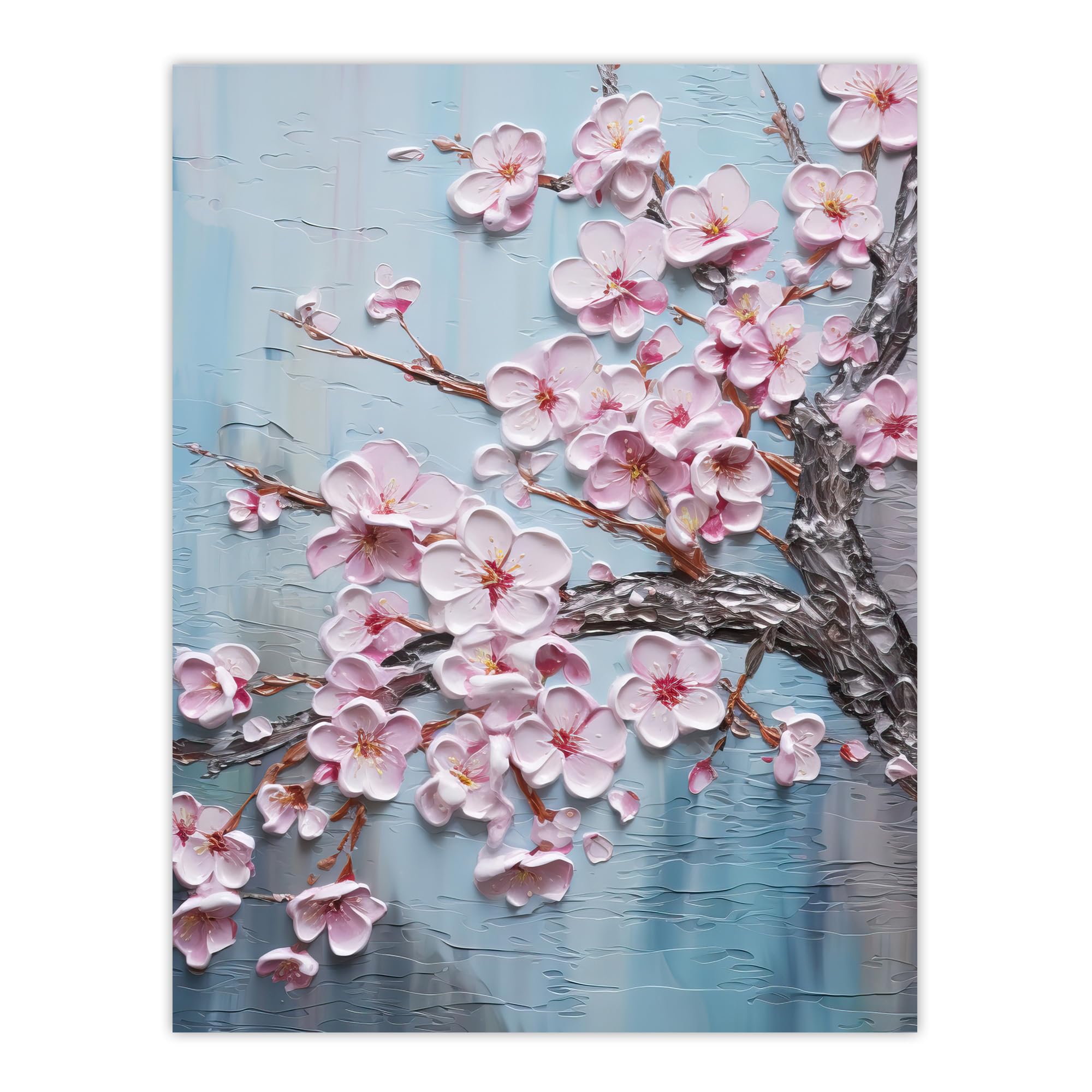Artery8 Cherry Blossom Splendor Delicate Elegant Pink And Soft Blue Oil Painting Extra Large XL Wall Art Poster Print