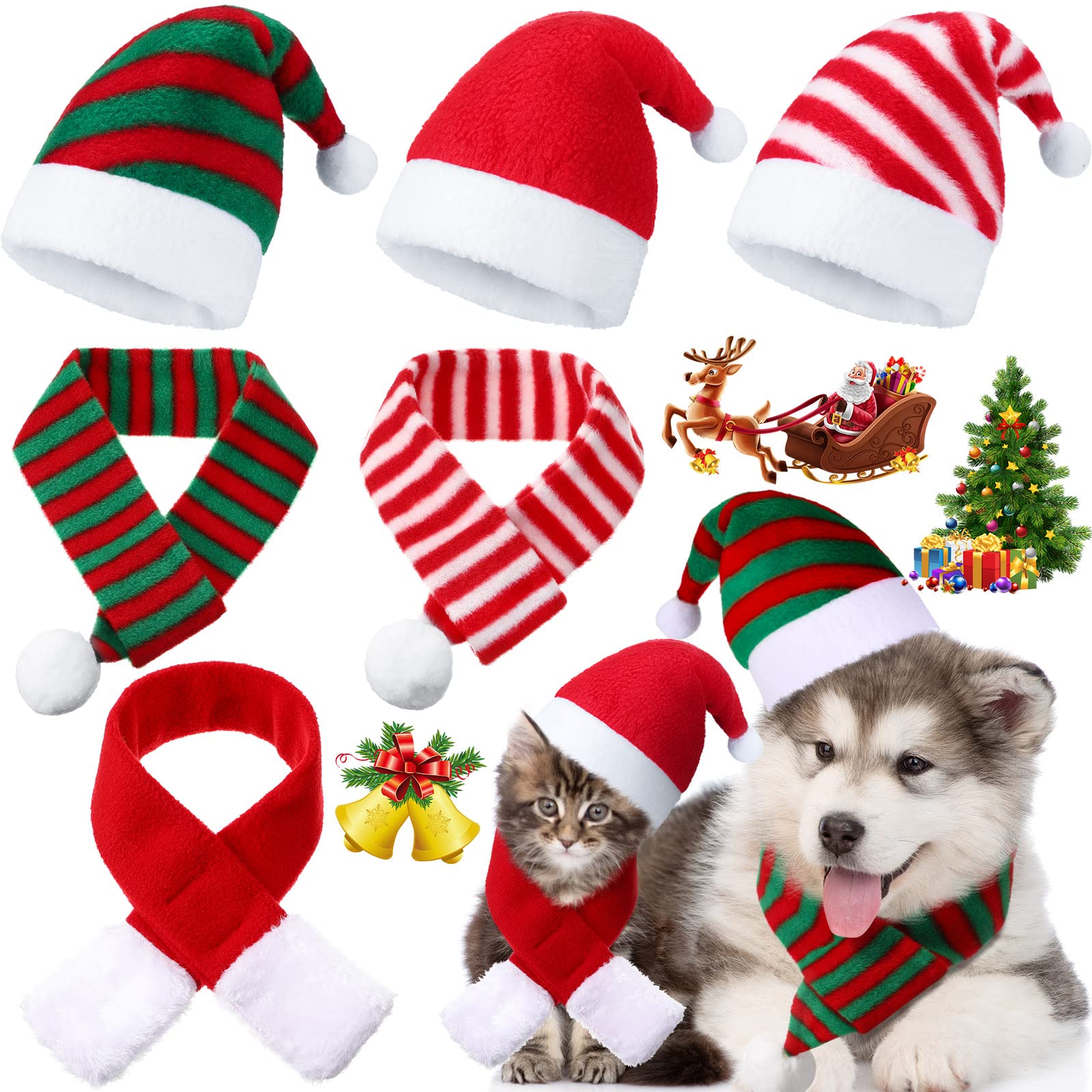 Svee 6 Pcs Pet Cat Dog Christmas Santa Hat with Scarf Christmas Pet Santa Costume Outfit Set for Cats Small Dogs Xmas Party Holiday Dress up Costumes Supplies