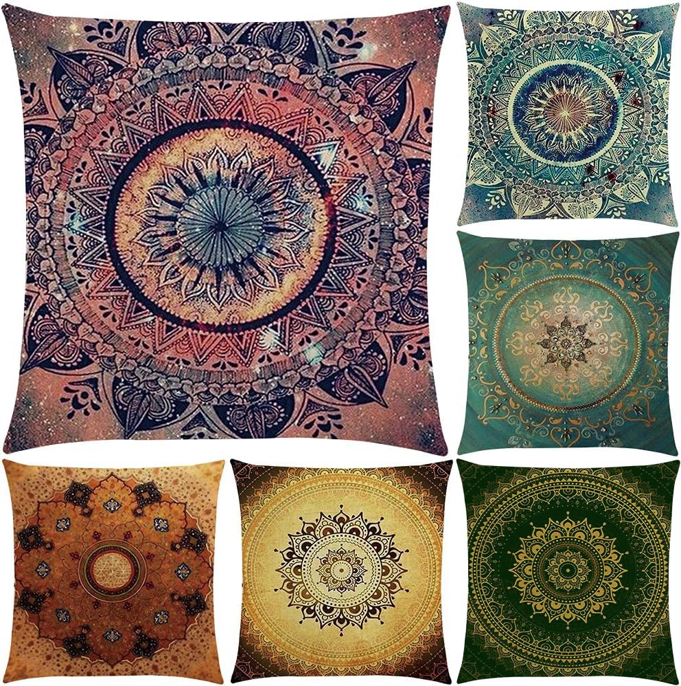 Hodeacc 6 Pcs Modern Mandala Pillow Cases,Bohemian Throw Pillow Covers Hippie Pillowcases for Sofa Couch Bed Chair,18 x 18 Inch,CASE ONLY