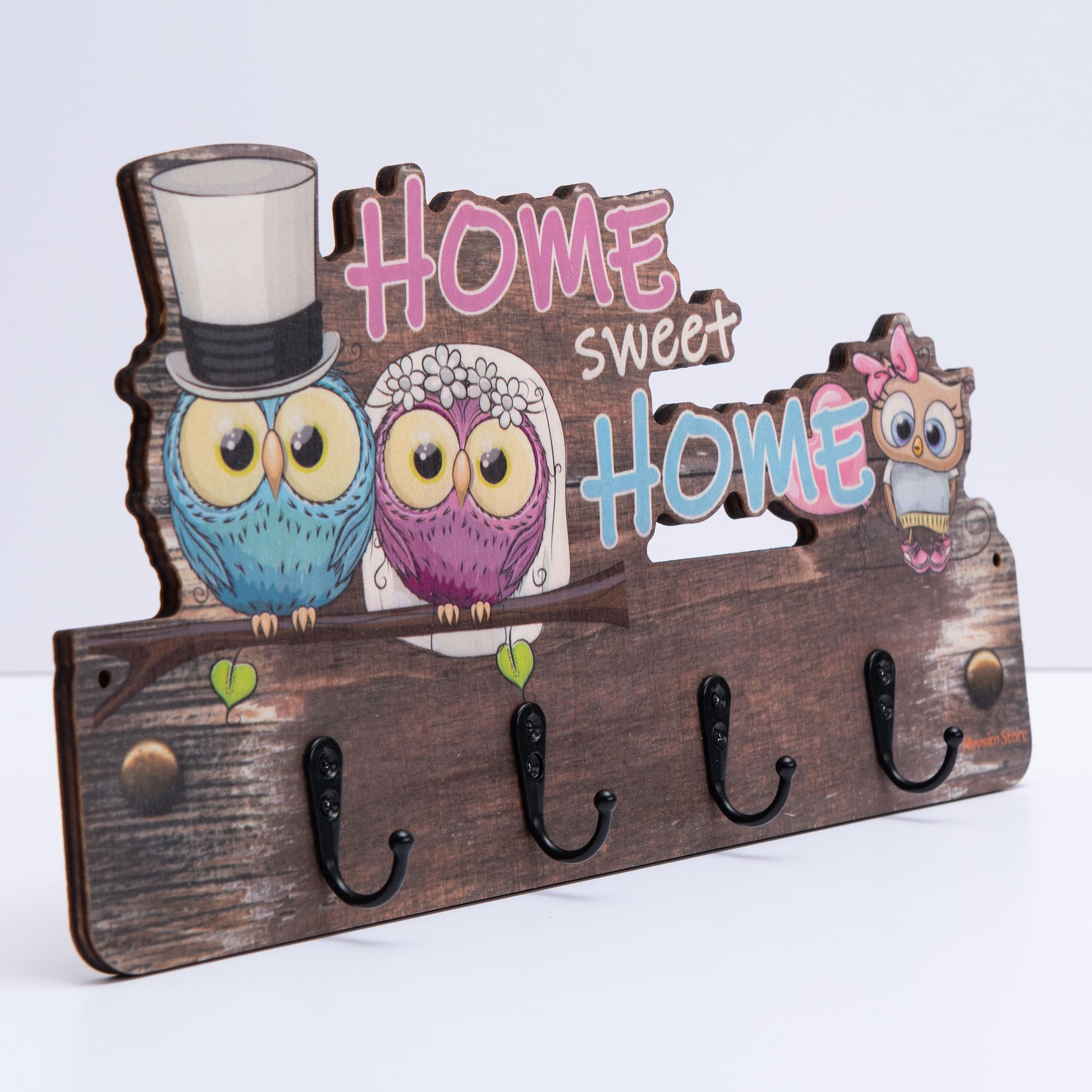 Mevsim Store Children's coat rack - Handmade - 4 metal hooks - 39,50x19,50 cm - Coat rack with animals - Hanging - Wood - Wall coat rack - With brackets