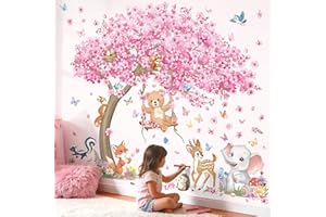 decalmile Large Cherry Blossom Tree Wall Stickers Woodland Animals Bear Deer Pink Flower Wall Decals Baby Nursery Kids Bedroo