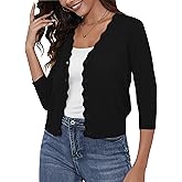 SNOVTRS Women's Cropped Cardigans 3/4 Sleeve Button Down Lightweight Cardigan Sweaters Scalloped Edged Bolero Shrugs