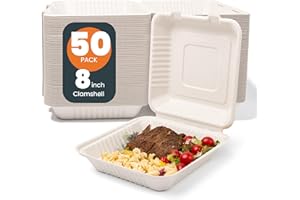 hooray mida To Go Containers Disposable - 50 Pcs 8" x 8" clamshell Take Out Food Containers 100% Compostable, White Biodegradable Meal Prep Box, To Go Containers with Lids for Food (1-Compartment)