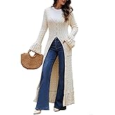 KWSTAIN Maxi Long Cardigan Sweater for Women Button Down Bell Sleeve Ruffle Thick Warm Chunky Cable Knit Fall Winter Coat