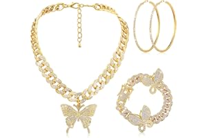 Hinly 3 Pieces Butterfly Cuban Jewelry Set Cuban Link Chain Necklace for Women Rhinestone Butterfly Pendant Necklace Rhinestone Bracelet Large Hoop Earrings Bling Earrings