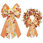 ALIBBON Large Fall Wreath Bow, Thanksgiving Bow for Wreaths, Autumn Leaves Plaid Bows for Front Door, Orange Fall Decor Tree Topper Bows for Indoor Outdoor Home Holiday Decorations