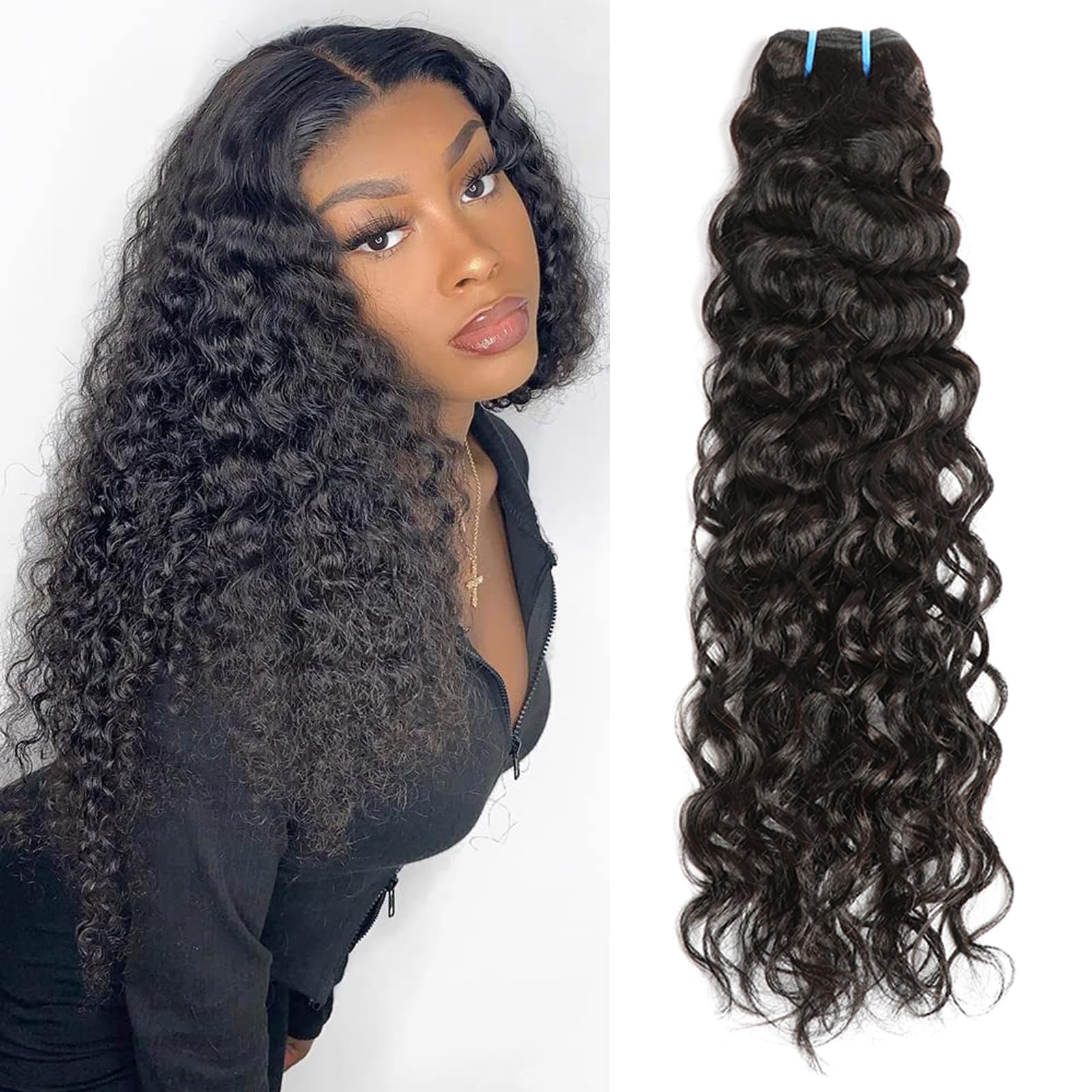 Deep Wave Bundles Human Hair 1 Bundles Water Wave Bundles 12A Brazilian 100% Unprocessed Virgin Human Hair Wet and Wavy Bundles Double Weft Deep Curly Weave Natural Black（14 Inch） — image 1