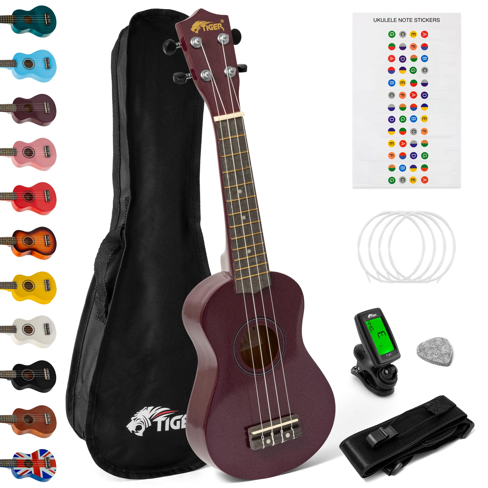 Tiger UKEKIT-PP Soprano Ukulele Kit – Suitable for Beginners and Children – Chromatic Tuner, Strap, Carry Bag, Notes Sticker, Felt Pick, Spare Strings, with Aquila Strings Fitted - Purple
