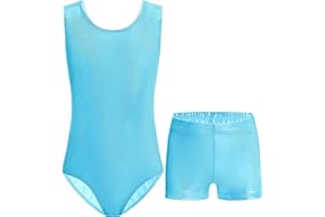 Nymphperi Girls Gymnastics Leotards 2 Piece Shiny Sleeveless Bodysuits with Sparkly Breathable Shorts Suit