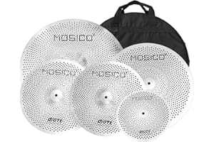 Mosico Low Volume Cymbal Pack 10”Splash 14”Hi-hats 16”Crash 20"Ride Quiet Cymbal Plus a Free Cymbal Bag 5 PCS Drum Practice Cymbal Set for Beginner