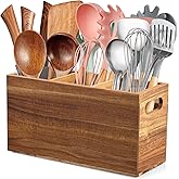 ALELION Acacia Wood Utensil Holder Organizer for Counter - Large Wooden Utensil Caddy for Countertop - 3 Compartment Cooking Tool Holder for Spatula - for Farmhouse Kitchen Decor and Accessories