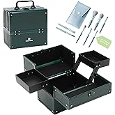 CHUANGJIN Makeup Train Case 2 Trays Makeup Box Organizer Portable Travel Makeup Case Lockable Makeup Storage Organizer Cosmetic Box for Jewelry Nail Tech Brushes Accessories Tool,Green Pro