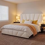 EnHomee Queen Bed Frame and Headboard, Velvet Upholstered Bed Frame Queen Size with Charging Station and LED Lights, Platform Bed Frame for Bedroom, Apartment, Dorm, Noise-Free, Easy Assembly, Beige