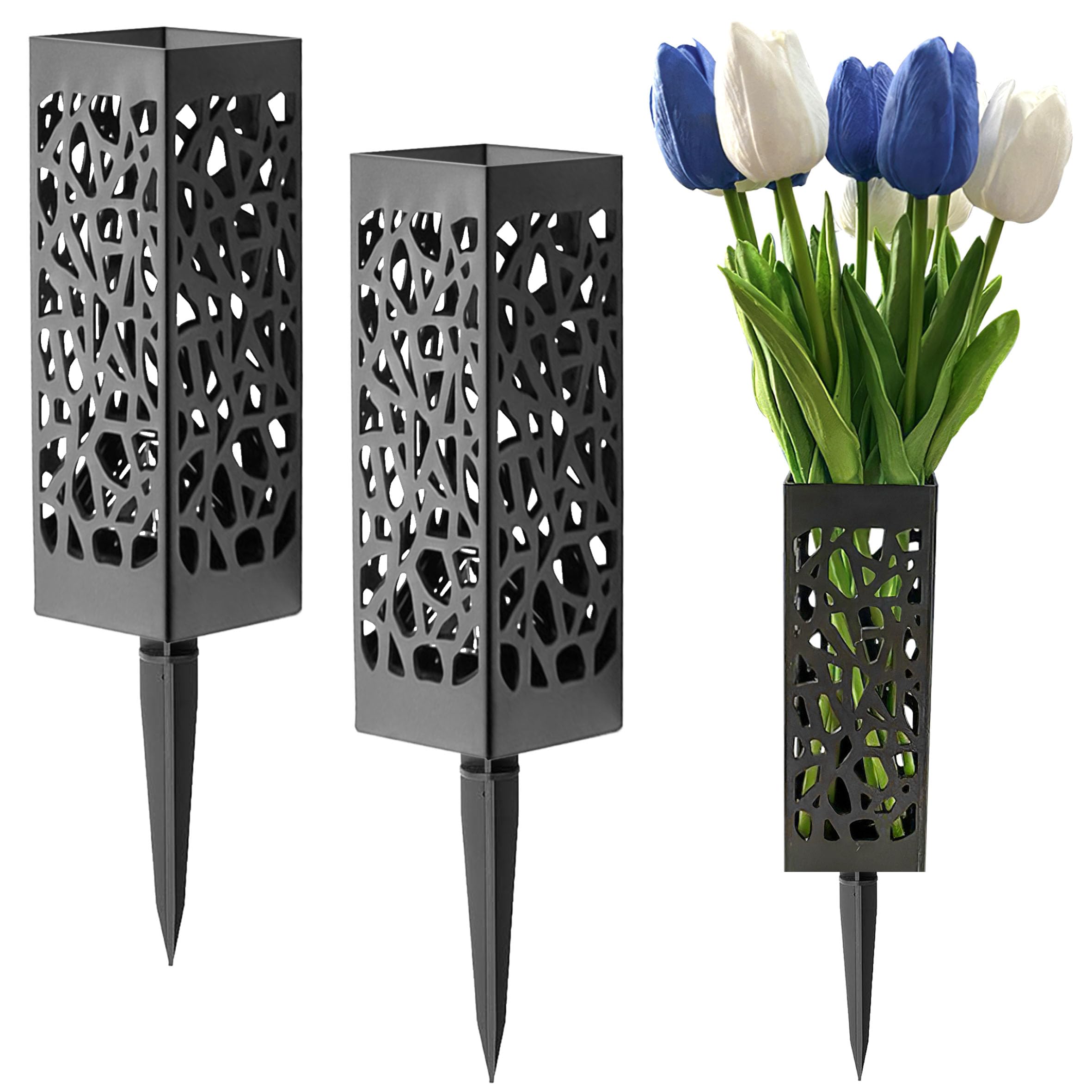 Photo 1 of YHNTGB 2 Sets Memorial Flower Holder for Cemetery Grave Yard Decorations Black Plastic Square vases with Spikes for Gravestone Garden Ground Outdoor Marker Decorations