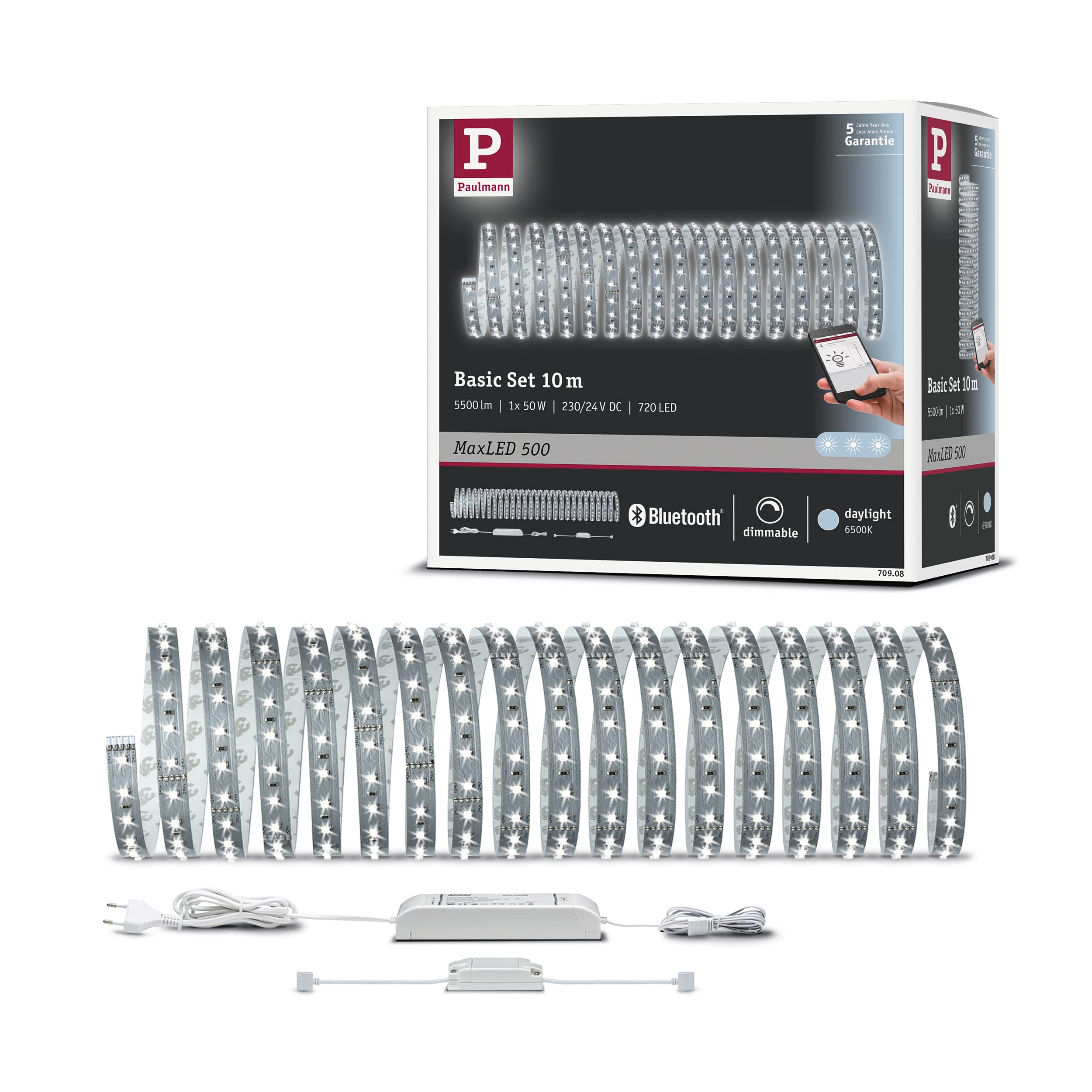 Paulmann 70908 SmartHome MaxLED 500LED Strip Basic Set incl. 1x48.5-watt dimmable Lighting Strip Silver Light Strip Plastic LED Strip 6500 K