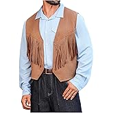 GORGLITTER Men's Western Vest Boho Fringe Trim Suede Open Front Sleeveless Cowboy Vacation Shirts Vest Jacket Waistcoat