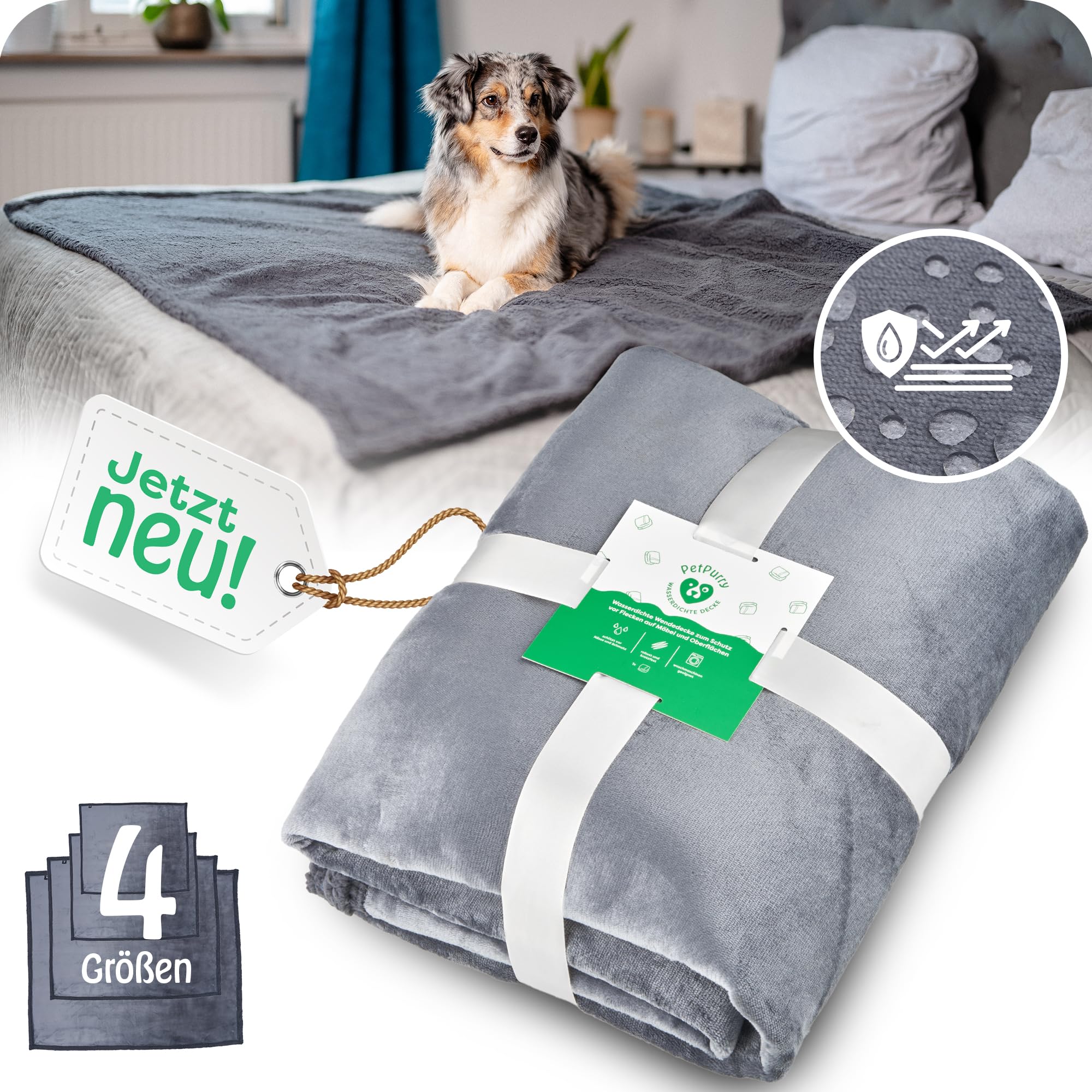 petpurry® wasserdichte Hundedecke – 152x203cm/XXL/grau – Flauschige & wasserdichte Haustierdecke für Sofa, Bett & Auto – beidseitig, waschbar, für Hunde & Katzen