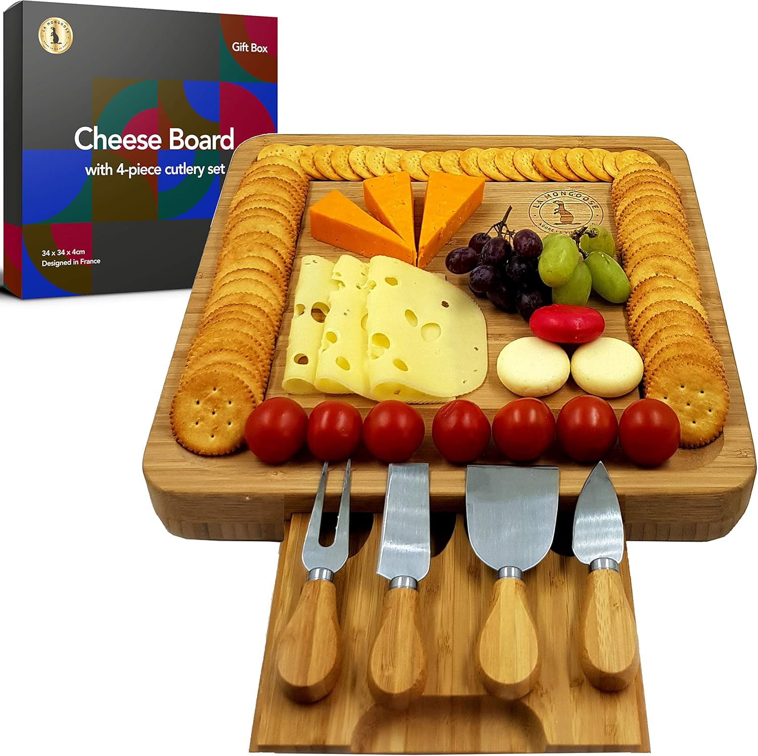 Premium Giftable Modern Cheese Board & Knife Set with Hidden Drawer, 4 Stainless