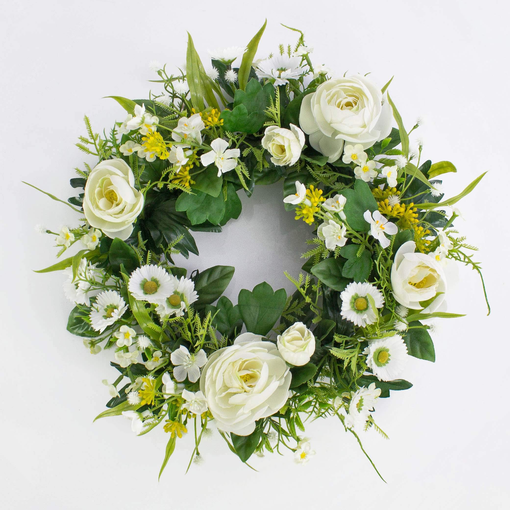 artplants.de Spring wreath with Ranunculus, daisies, cream, Ø 10"/25cm - Plastic wreath/Artificial flower wreath