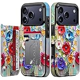 FUNMIKO for iPhone 17 Pro Max Wallet Case with Card Holder, RFID-Blocking, Military-Grade Drop Protection & Floral Animal Design, Magnetic Closure with Leather Kickstand - Abstract Flowers