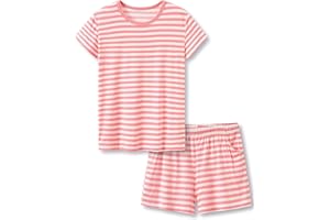 Tebbis Little & Big Girls Striped & Cat Pajama Set - Soft Modal Fiber 2-Piece Summer PJ’s in Sizes 6-18