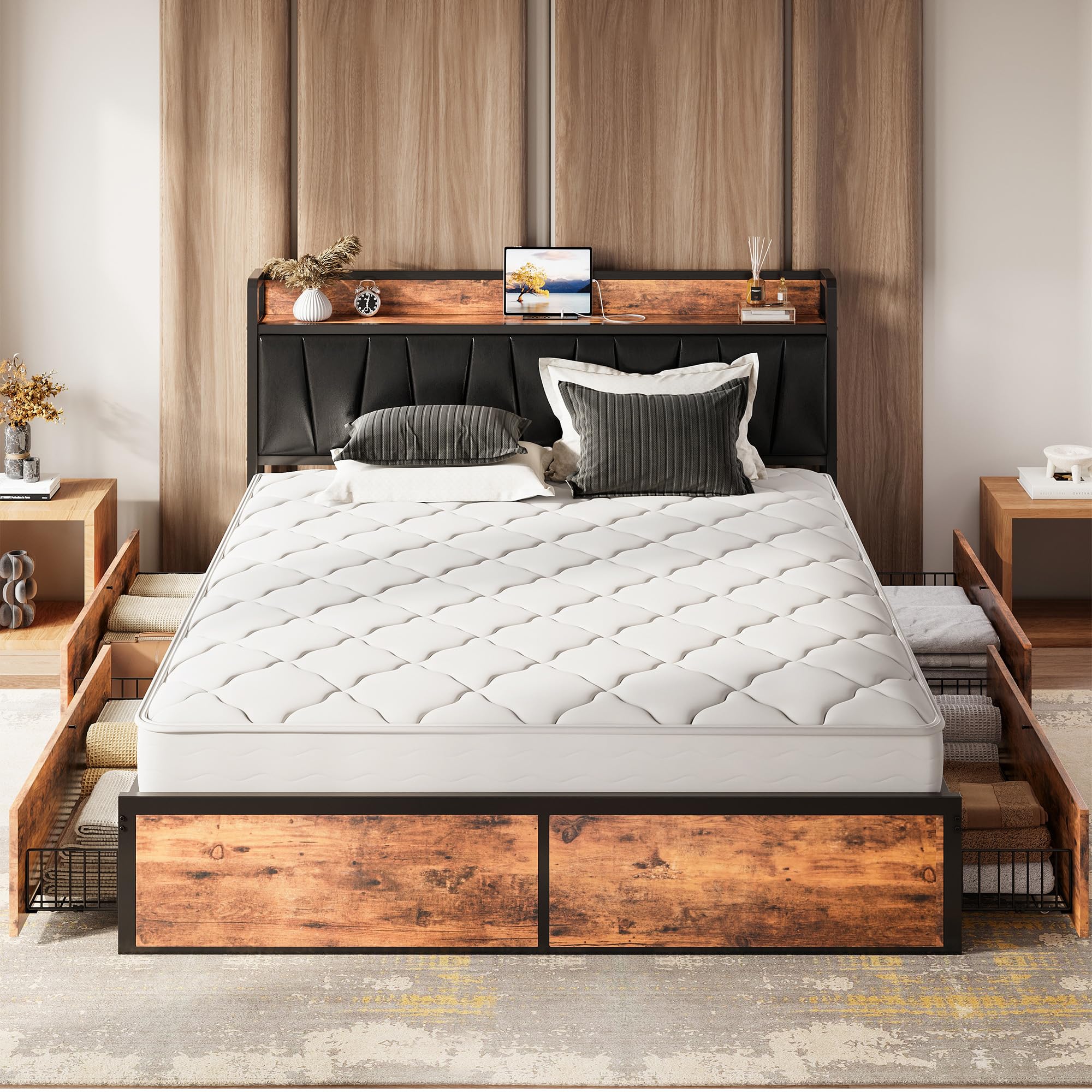 LIKIMIO California King Bed Frame with 4 Storage Drawers, Platform Bed with Charged Headboard, Sturdy and Stable, No Noise, No Box Spring Needed, Easy to Install, Vintage Brown and Black Image