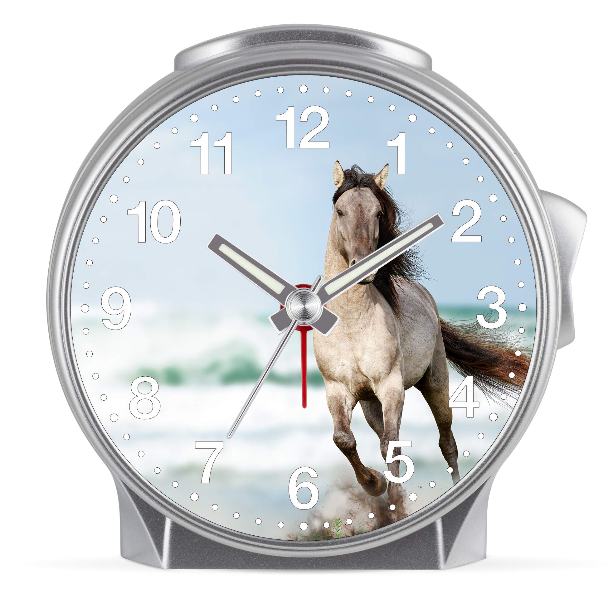 Eurotime Children's Alarm Clock for Girls with Horse Motif, Plastic Housing and Plastic Glass, Silent Alarm Clock, No Ticking, with Light and Repeat Alarm 29607-07