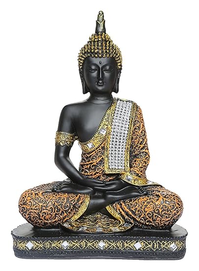 Om Arts Sitting Buddha Idol Statue Showpiece- Orange and Black