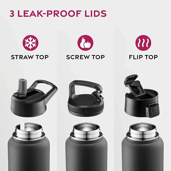 FINEDINE 25 OZ INSULATED WATER BOTTLE WITH STRAW – TRIPLE WALLED STAINLESS STEEL METAL BOTTLE W/ 3 LEAK PROOF LIDS – FOR TRAVEL, SCHOOL, SPORTS, GYM/MEN, WOMEN & KIDS – INKY RAVEN BLACK
