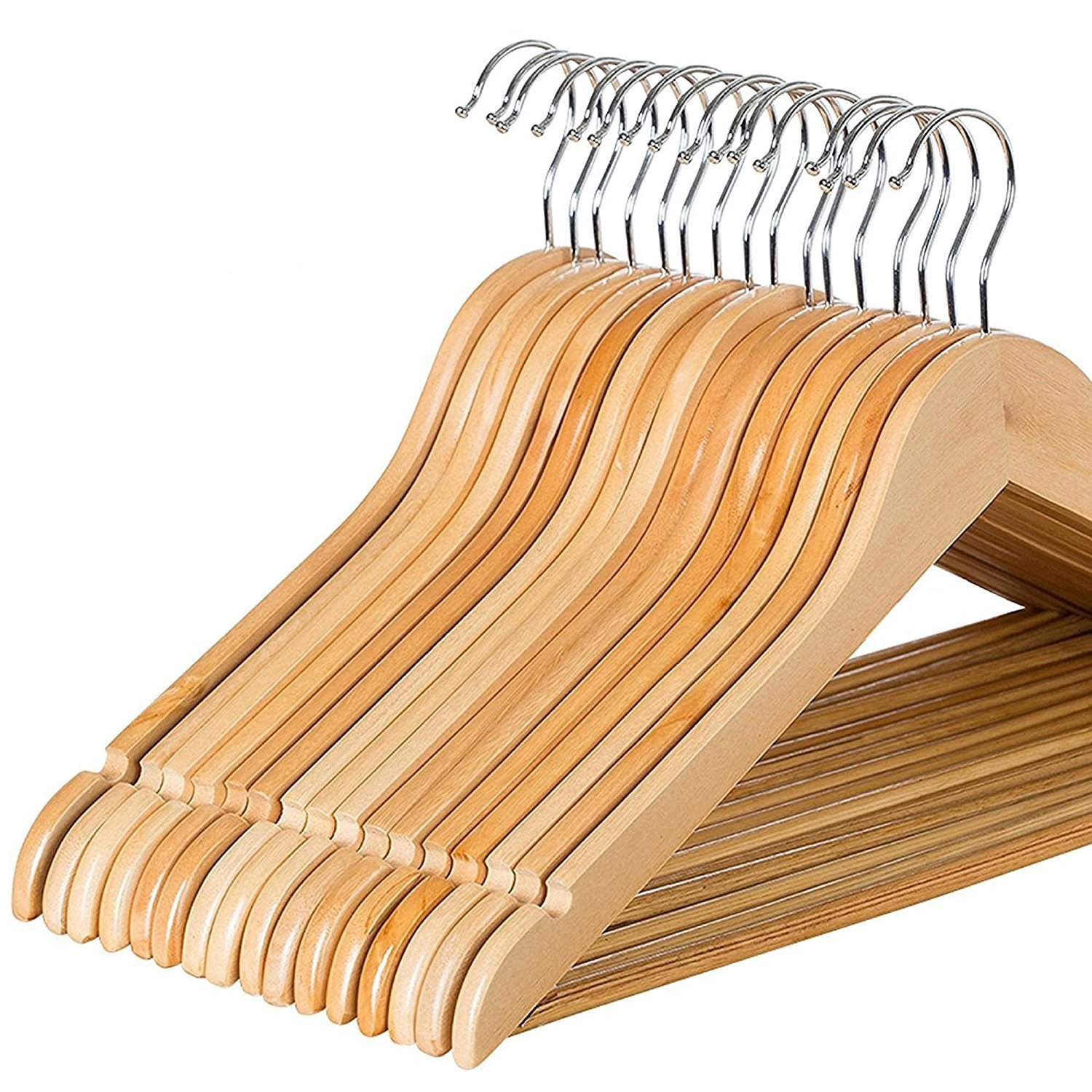 ZOBER Solid Wood Suit Hangers - 30 Pack - with Non Slip Bar and Precisely Cut Notches - 360 Degree Swivel Chrome Hook - Natural Finish Super Sturdy and Durable Wooden Hangers