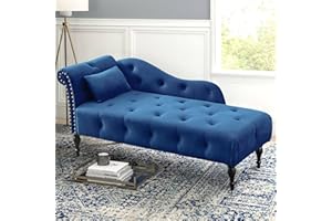 Holaki Velvet Chaise Lounge,Indoor Accent Chaise Chair with Pillow,Button Tufted Right Arm Facing Lounge Chair with Nailhead Trim & Solid Wood Legs,Modern Sleeper Sofa for Living Room (Blue)
