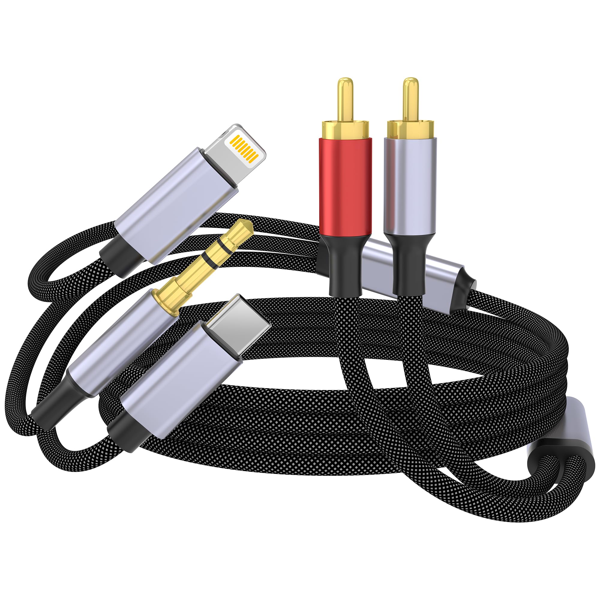 WORLDBOYU USB C 3.5mm to RCA Cable, Lightning to RCA Male to Aux Audio Adapter, HiFi Sound, Headphone Jack Adapter, 3 in 1 Audio Cable Connector for iPhone/iPad, Speaker, MP3, Tablet, HDTV 10FT