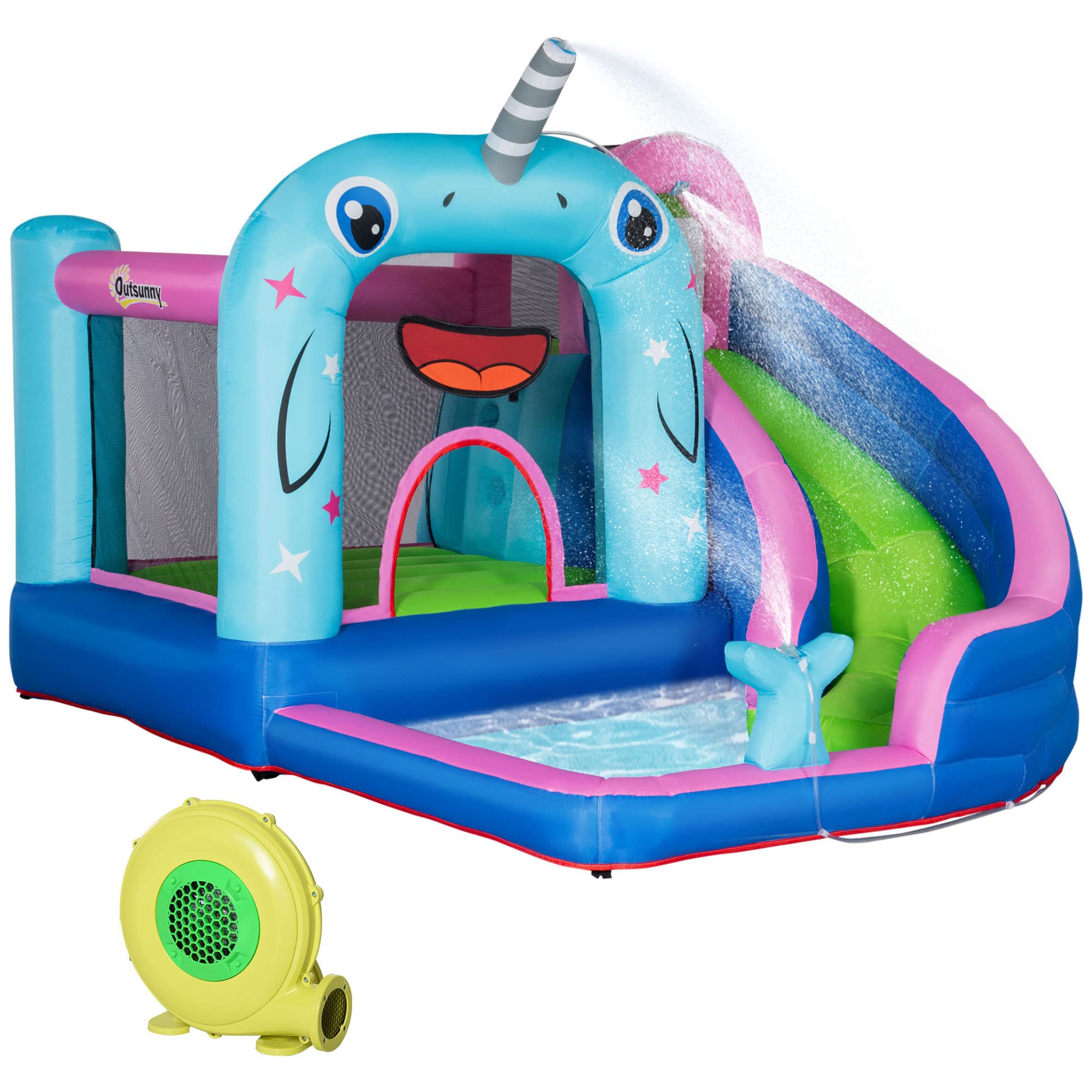 Outsunny Aufblasbare Hüpfburg mit Gebläse, Wasserspielcenter inkl. Sicherheitsnetz, Wasserrutsche, Spielburg Wasserpark für Kinder 3 bis 8 Jahre, 330 x 280 x 200cm