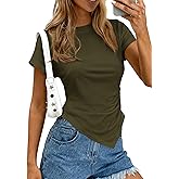 PRETTYGARDEN Womens Asymmetrical Tops 2026 Spring Summer Going Out Shirts Y2K Short Sleeve Crew Neck Ruched Trendy Clothes