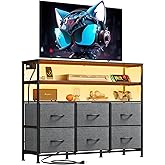 WLIVE Grey TV Stand for 40, 45 inch TV, Entertainment Center with LED Lights & Charging Station, TV Media Console Table with 6 Fabric Drawers and Open Shelves for Living Room, Hallway, Dark Grey