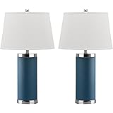Safavieh Leather Column Navy Table Lamps - Set Of 2 Navy Blue PU Leather Bedside Lamps