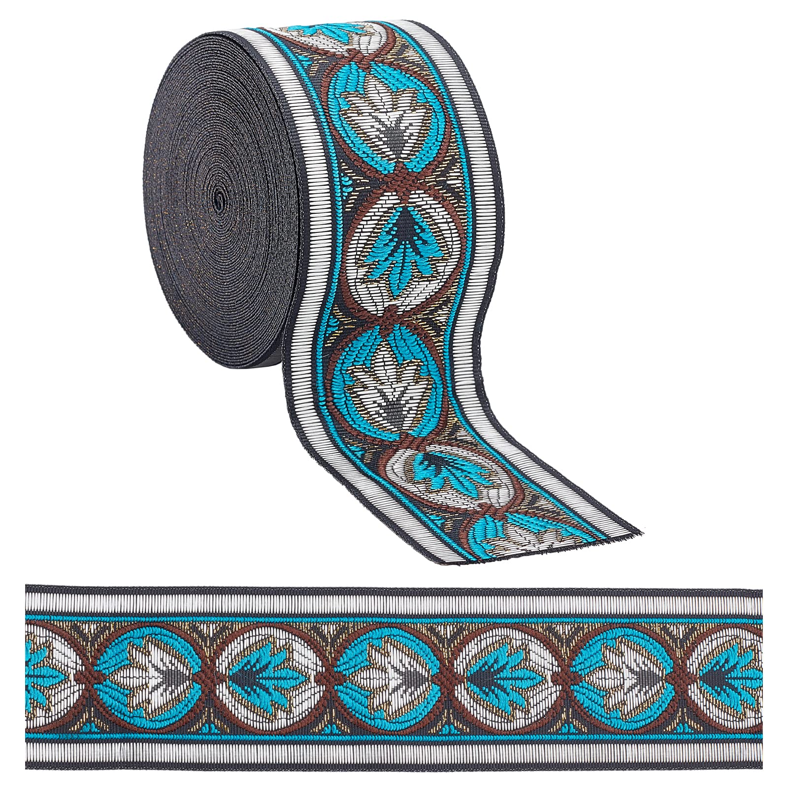 GORGECRAFT 7.65 Yard Embroidered Jacquard Ribbon 2" Width Vintage Embroidered Ribbon Floral Woven Trim Fabric for Embellishment Craft Supplies, Teal