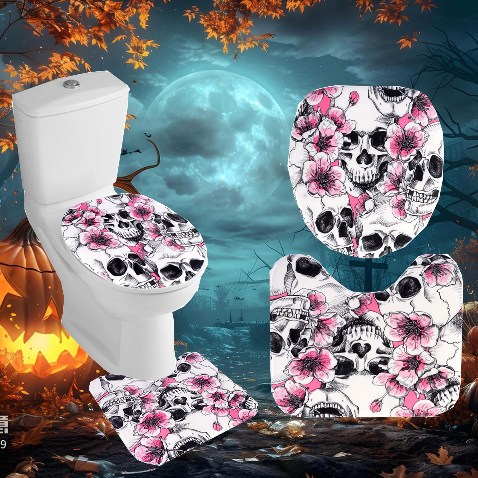 Minicoco Halloween Toilet Seat Covers Pads Funny Halloween Decorations Halloween Bathroom Set Toilet Lid Cover Set U-Shaped Toilet Rug Washable Soft Warmer Toilet Cover (Skull)
