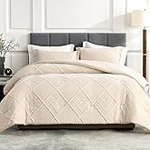 Amélie Home Queen Comforter Set, 3 Piece Beige Jacquard Bedding Set with 2 Pillow Cases, Soft Microfiber Diamond Design, Lightweight All-Season for Bedroom & Dorm