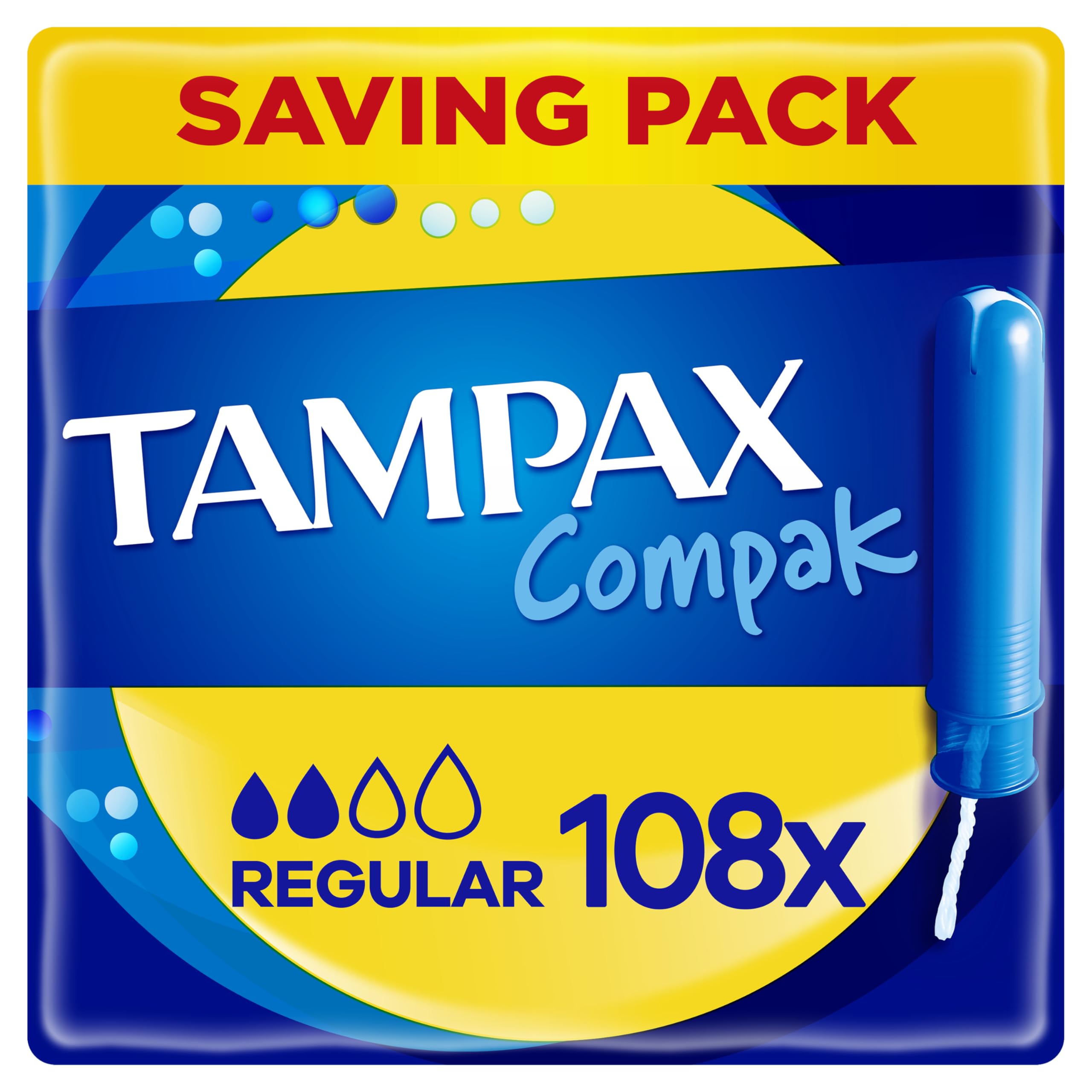 Tampax Compak Regular Tampons With Applicator, 108 Tampons (18 x 6 Packs), Leak Protection And Discretion, Super Absorbent