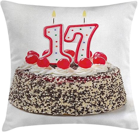 Amazon Co Jp 17歳の誕生日 デコレーション 枕 クッション バースデーケーキ チェリーとスプリンクルとキャンドル 写真アート 装飾 正方形 アクセント 枕カバー 18 X 18インチ マルチカラー ホーム キッチン