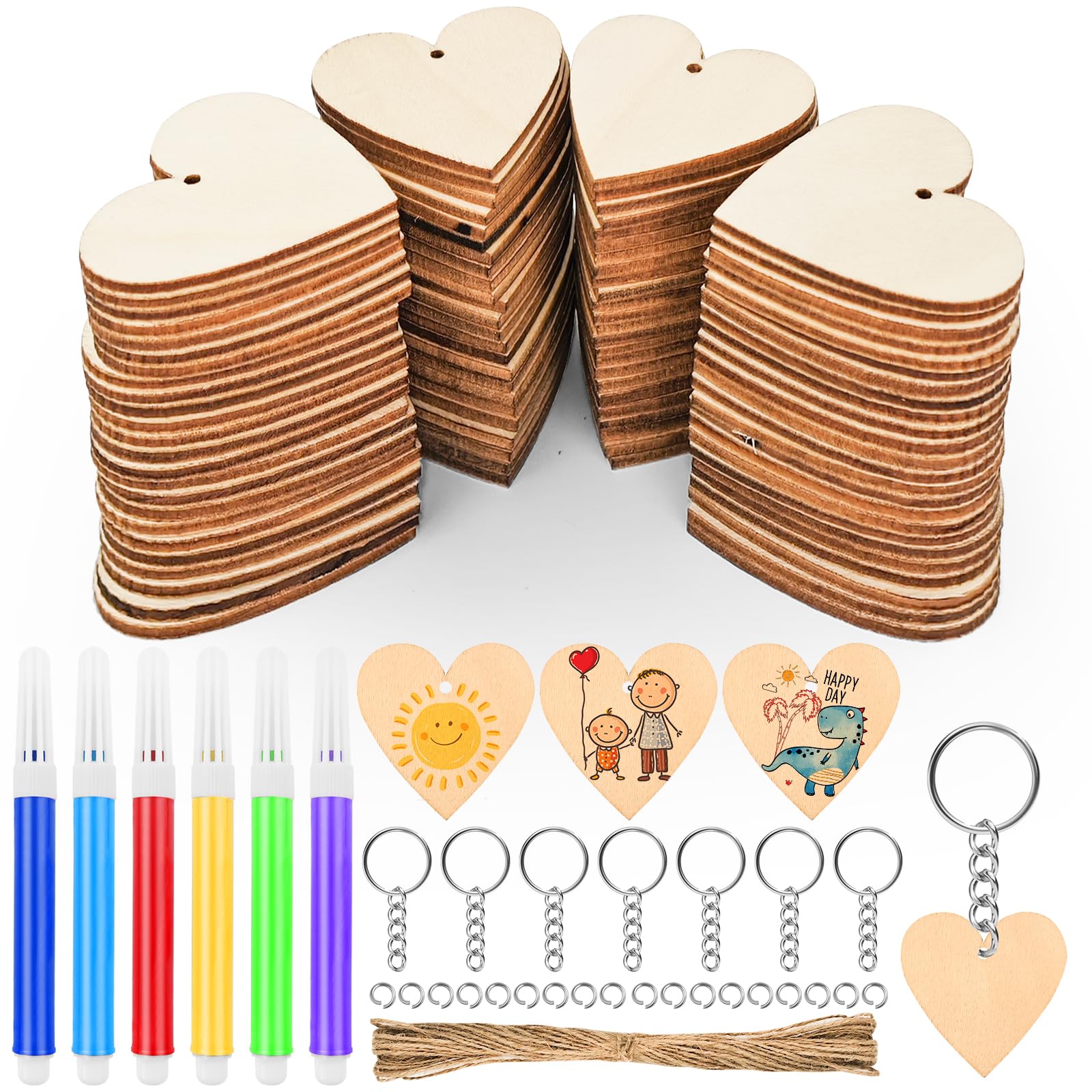 Hengxinc 100 Pcs Wooden Hearts for Crafting, 4cm Wooden Keyring Blanks with 10m Twine, Unfinished Woode Craft Shapes with Hole Woode Tags Make Your Own Keyrings DIY Keyrings