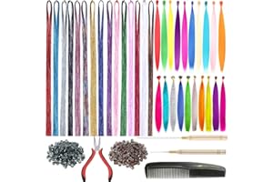 XIAO TAO ZI 15 Colors Hair Tinsel with Tools Kit 43 Inch 3000 Strands Sparkling Shiny Tinsel Hair Extensions with 10Pcs Synthetic Feather Hair 10 Pcs Rainbow Hair 100 Pcs Hair Beads 1 Pliers 2 Crochet Hooks 1Comb
