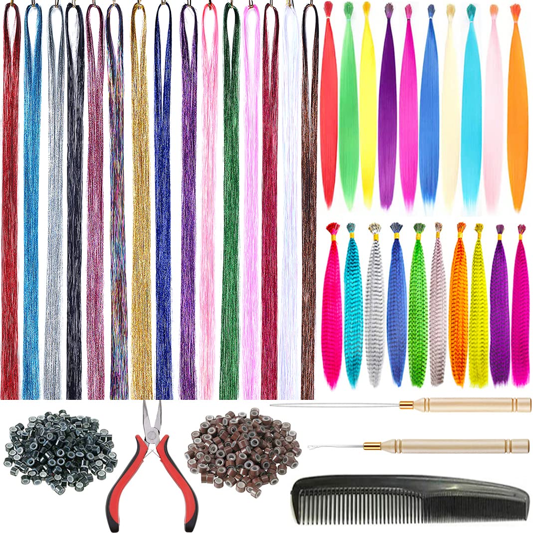 Photo 1 of 15 Colors Hair Tinsel with Tools Kit 43 Inch 3000 Strands Sparkling Shiny Tinsel Hair Extensions with 10Pcs Synthetic Feather Hair 10 Pcs Rainbow Hair 100 Pcs Hair Beads 1 Pliers 2 Crochet Hooks 1Comb