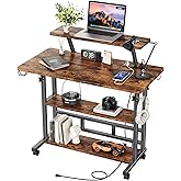 Adjustable Height Standing Desk with Power Outlets, Rolling Stand Up Desk with Monitor Stand and Storage Shelves, 31.5" Small Mobile Computer Desk, Portable Laptop Table (Retro Brown)